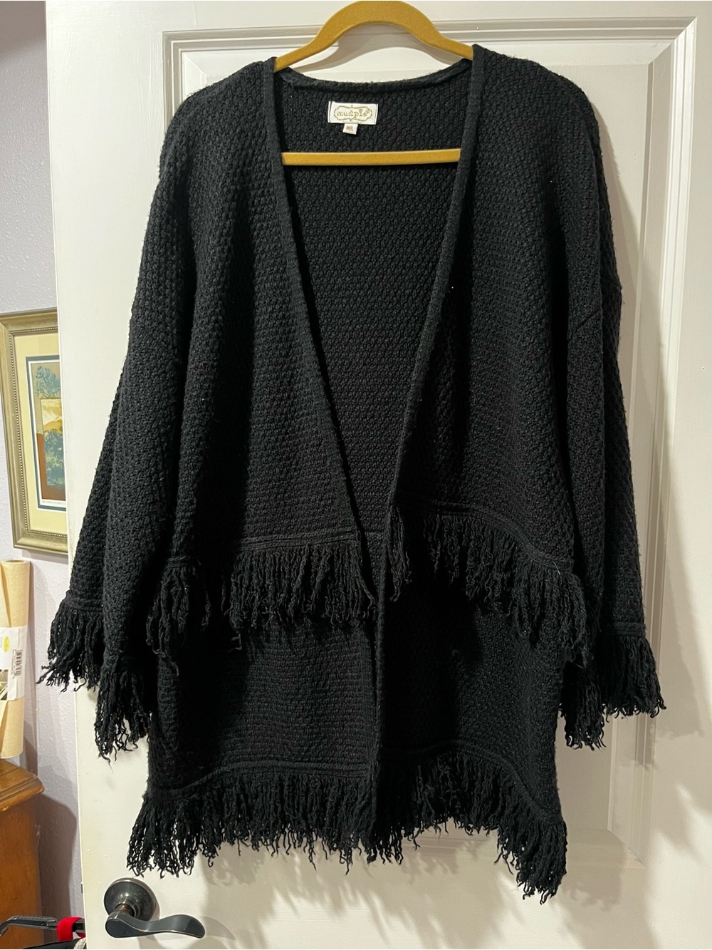Mud Pie Black Fringe Open-Front Knit Cardigan
